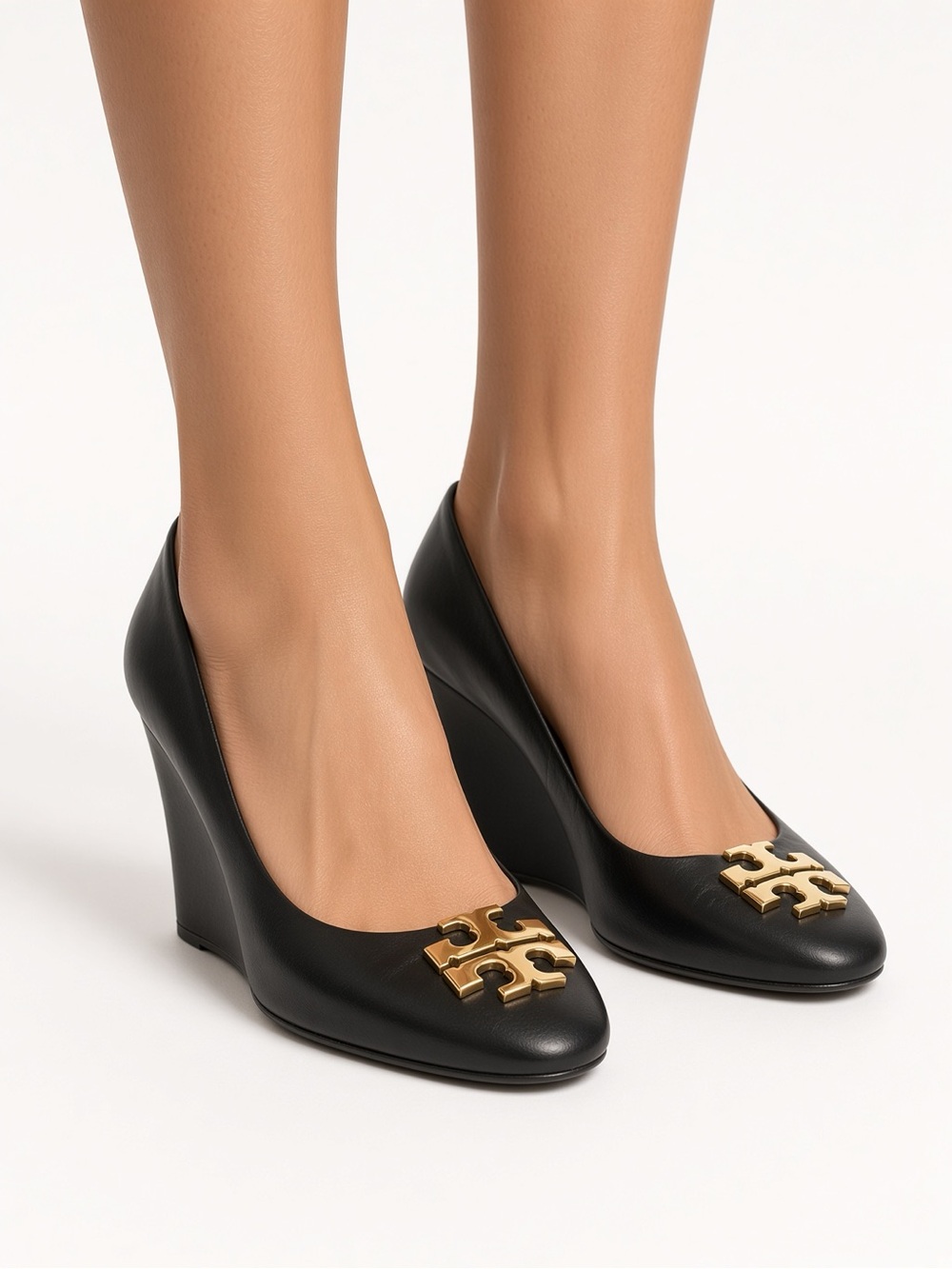 Tory Burch Black Leather Wedge Pumps with Gold Logo Size 7 Women’s